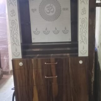 Acrylic Mandir Jali with white panel, Om design, and wooden storage unit – AMJ-005