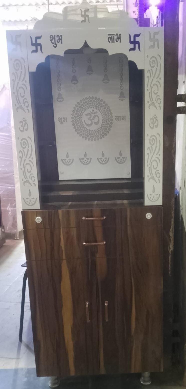 Acrylic Mandir Jali with white panel, Om design, and wooden storage unit – AMJ-005