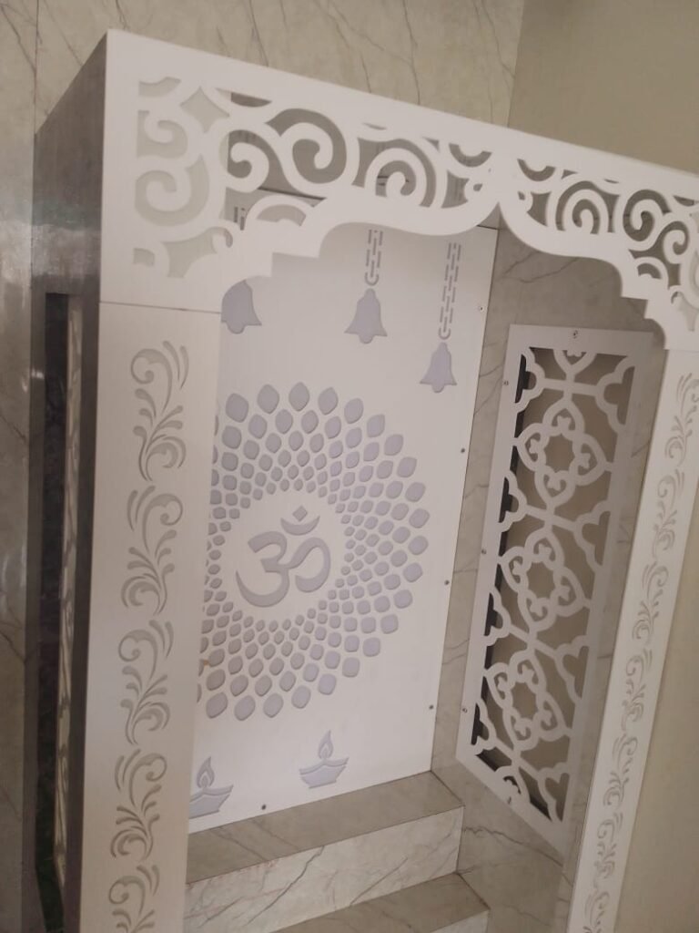 Acrylic Mandir Jali with Om backdrop and decorative temple cutwork panel