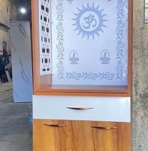 Acrylic Mandir Jali – Elegant & Radiant Wooden Finish Pooja Unit with Om Backdrop (AMJ-004)