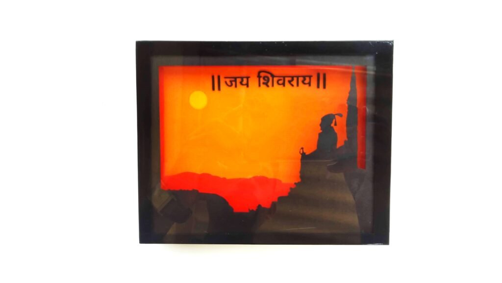 Acrylic Wall Art featuring Shivaji Maharaj silhouette with saffron backlit glow.