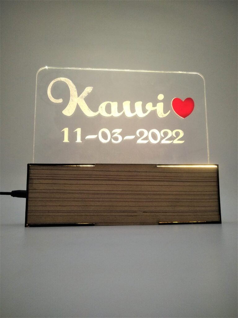Personalized acrylic wall art , LED name plate with engraved name and date on wooden base