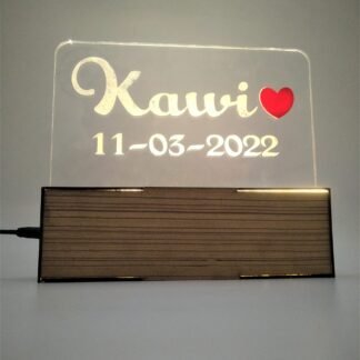 Personalized acrylic wall art , LED name plate with engraved name and date on wooden base