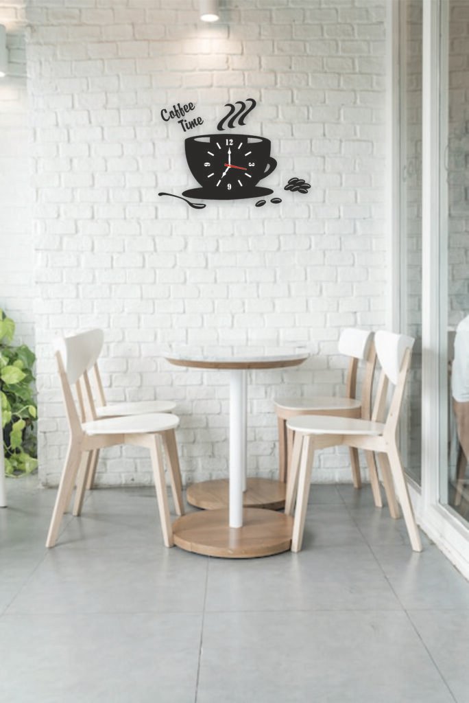 Coffee-themed designer wall clock hanging on a café-style wall