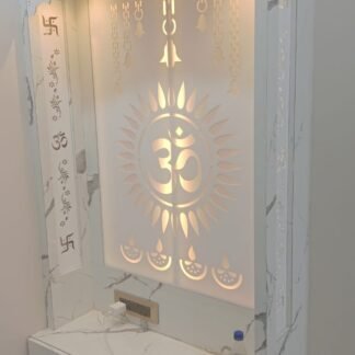 Acrylic Mandir Jali with Om sunburst design and marble-finish pooja unit AMJ-003