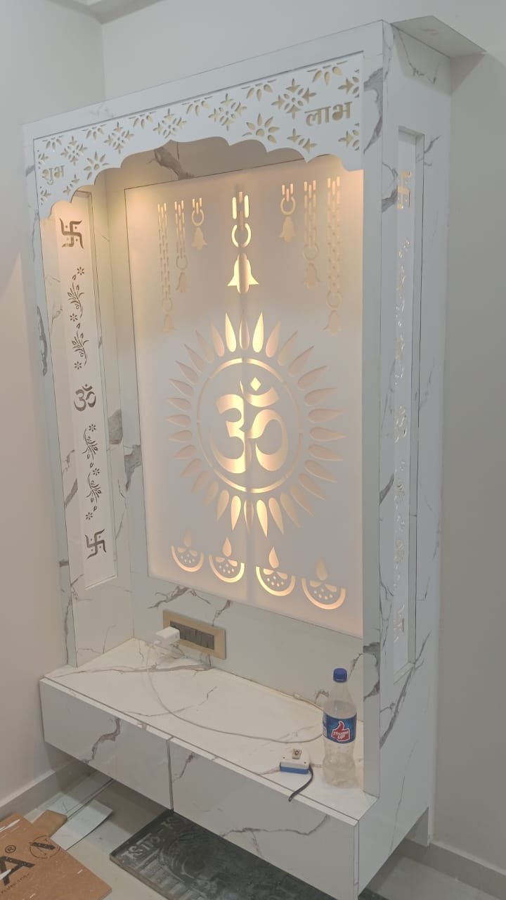 Acrylic Mandir Jali with Om sunburst design and marble-finish pooja unit AMJ-003