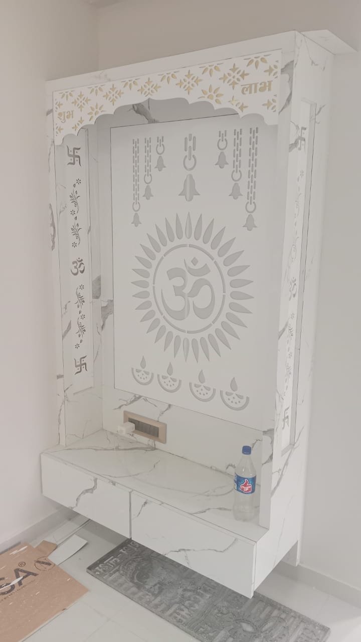 Acrylic Mandir Jali with Om sunburst design and marble-finish pooja unit AMJ-003