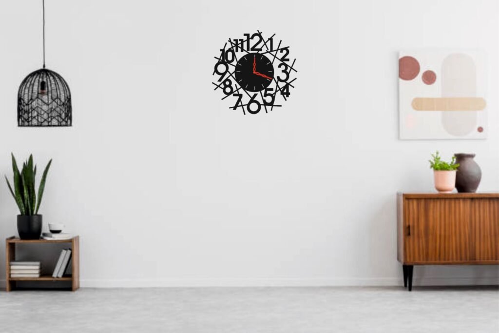 Abstract number designer wall clock hanging on a modern white interior wall