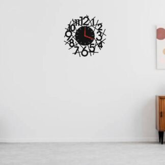 Abstract number designer wall clock hanging on a modern white interior wall
