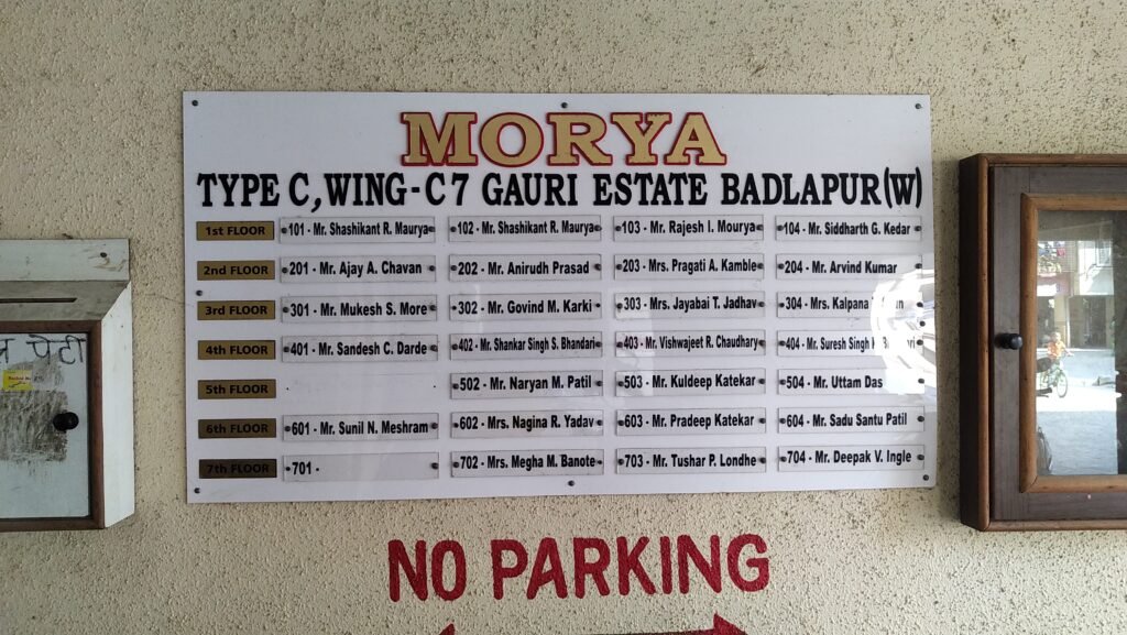 Classic white housing society name board for Morya C-Wing Gauri Estate with resident name list.