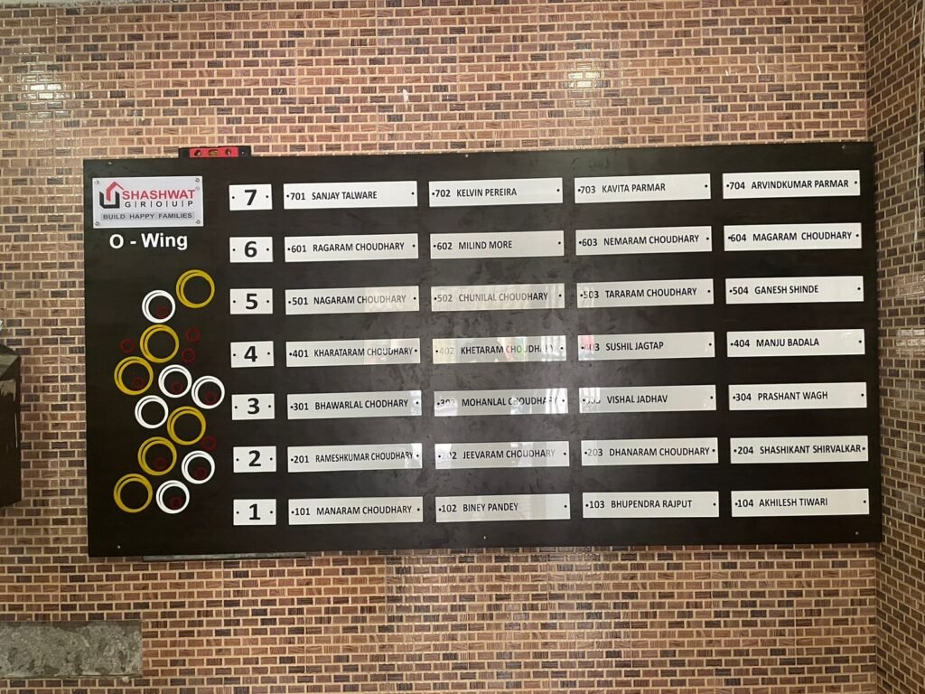 Black housing society name board for Shashwat O-Wing with white name slats and yellow geometric art.