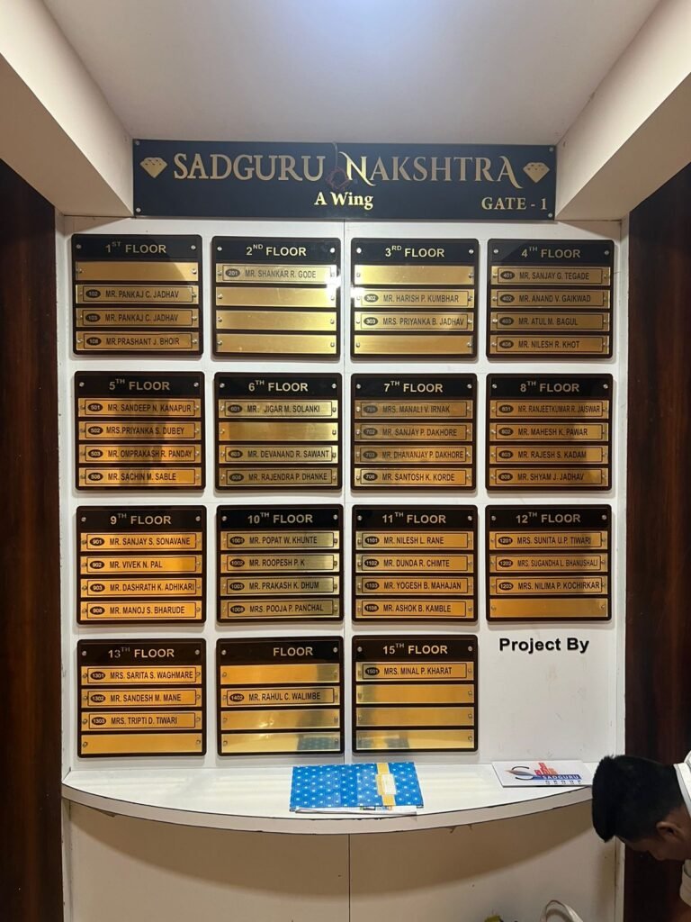 Modular block housing society name board for Sadguru Nakshatra A Wing Gate 1 with vacancy slots.