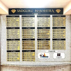High-rise housing society name board for Sadguru Nakshatra C Wing listing 14 floors of residents.