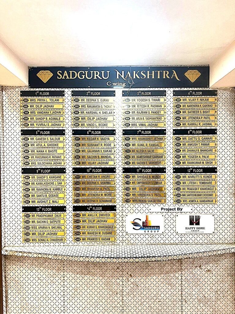 High-rise housing society name board for Sadguru Nakshatra C Wing listing 14 floors of residents.