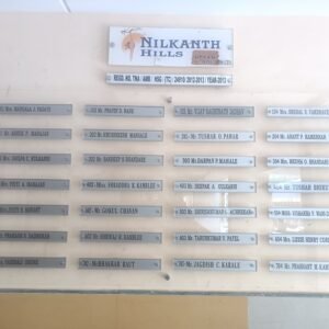 Acrylic housing society name board for Nilkanth Hills C-Wing with resident list and standoff mounts.